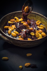Sweet pudding nuts chocolate cubes mystical light