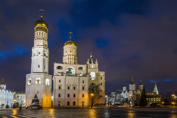 The architectural ensemble of the Moscow Kremlin in the winter evening, Moscow, Russia