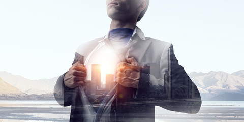 Exposure of businessman and modern city . Mixed media