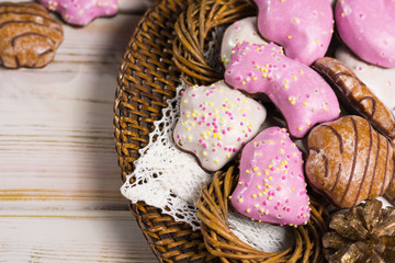 Christmas spicy cookies - colorful shaped cookies  on golden plate