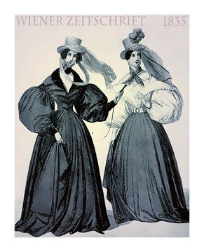 Vienna 1835 fashion, two young ladies elegant dressed with hat and scarfs for a walk with winding weather outdoors
