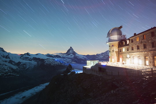 The Matterhorn, 4478m, and Gornergrat Observatory, Zermatt, Valais, Swiss Alps 