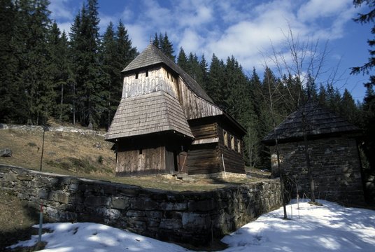 Exterior of wooden Ruthenian Orthodox church in village of Zuberec, Zilina Region, Slovakia
