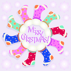 Christmas socks in a circle. Vector image. Design for poster, banner, greeting cards, flyers