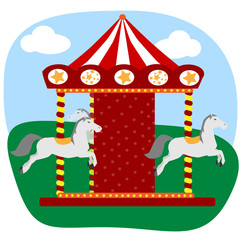 Obraz premium Carousel with three colored horses isolated on colorful background