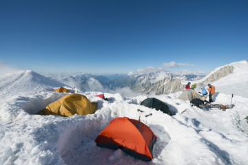 Tents on Mont Blanc, Chamonix Valley, Rhone Alps, Haute-Savoie, French Alps, France 