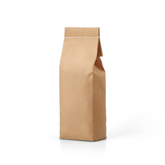 Brown craft paper tall bag packaging template with stitch sewing isolated on white background....