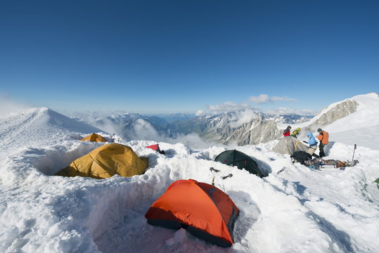 Tents on Mont Blanc, Chamonix Valley, Rhone Alps, Haute-Savoie, French Alps, France 