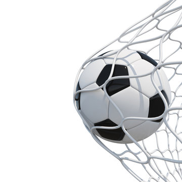 Soccer ball in net on white background.