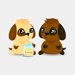 Two painted spaniel sitting with honey jar, light and dark, vector