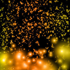 Silhouettes shining swarms of butterflies and fireflies circling in the sky, vector