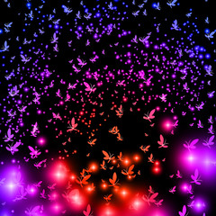 Silhouettes, flocks of butterflies and fireflies circling in the sky, vector