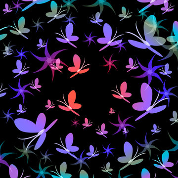 Silhouettes of butterflies swirling in the vortex of color sense. background, vector