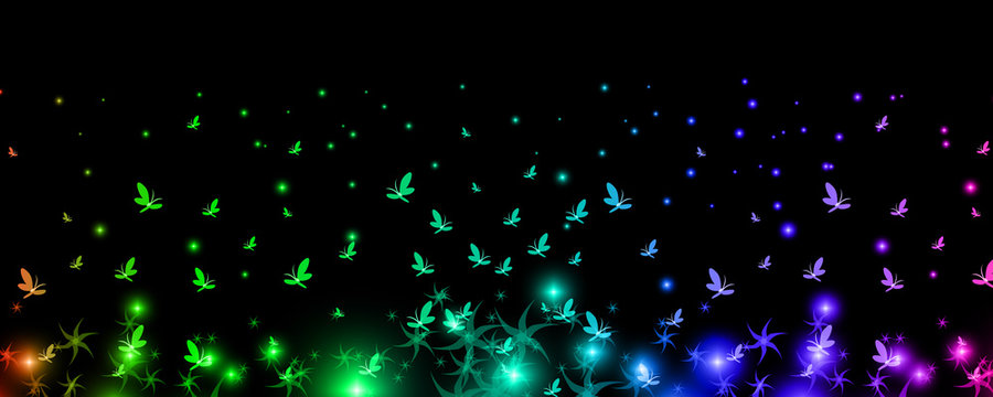 Silhouettes of iridescent butterflies rising to the heavens with the mystical colors, background, vector