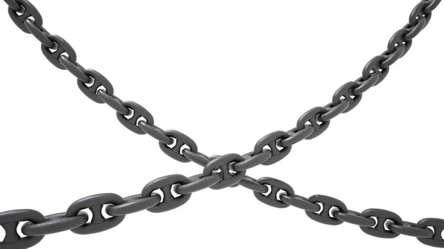 Two anchor chains matt black forged metal, intersecting diagonally. 3D illustration