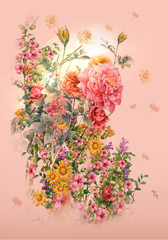 Abstract colorful flowers watercolor painting. Spring multicolored