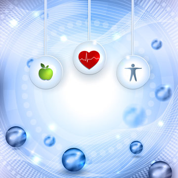 Symbols how to get healthy life, eating healthy food and fitness leads to healthy heart and life. Beautiful abstract  bright background with balls.