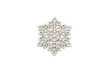 Gorgeous white wooden decoration - snowflake/ star. Adorable winter, Christmas, New Year, event decor made from solid wood. Isolated on white background. Top view. Closeup.