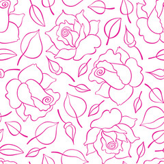 Seamless pattern with roses, buds and leaves. Vector hand drawn pattern. Good for packing design, textile industry, wallpapers and backgrounds.
