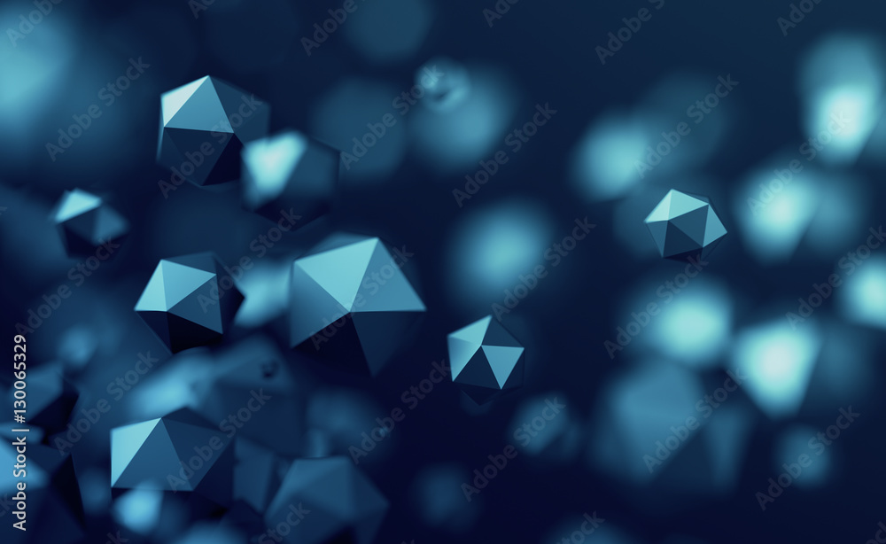 Poster abstract 3d rendering of chaotic low poly particles. flying polygonal spheres in empty space. futuri