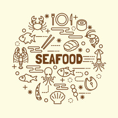 seafood minimal thin line icons set