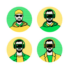 Man in virtual reality headset. Stylized character people avatars set.  Person with VR glasses and headphones. Cartoon virtual reality concept . Print on white background