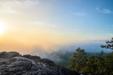 A view from the mountain top with sunrise