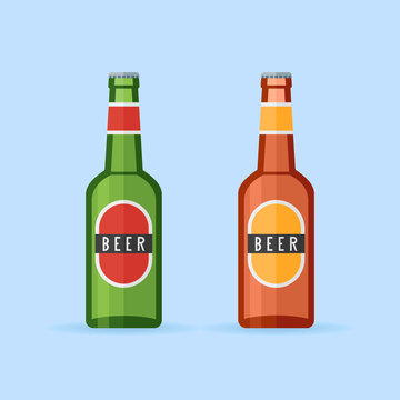 Green and brown beer bottles with labels isolated on blue background. Flat style icon. Vector illustration.