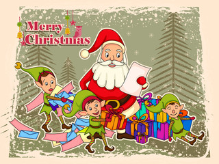 Santa Claus with Elf for Merry Christmas holiday celebration background