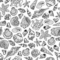 Seamless pattern with hand drawn seashells and starfishes.  Sea theme. Vector graphic illustration.