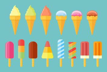 Collection of ice cream. Set of cones, ice lolly, popsicles isolated on blue background. Flat style icons.