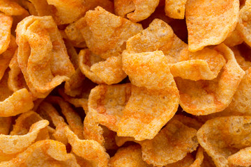 Delicious potato chips closeup becon meat.