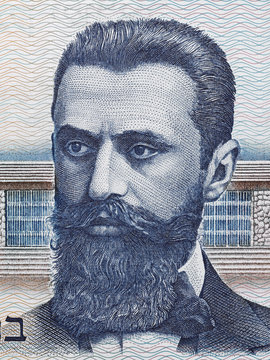Theodor Herzl portrait on old Israeli 10 shekel banknote macro,