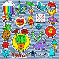 Fototapeta premium Fashion patch badge elements in cartoon 80s-90s comic style. Set modern trend doodle pop art sketch.