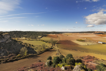 Aerial view of the surrounding countryside from a very small village located in the province of Soria, Castile and Leon, Spain.