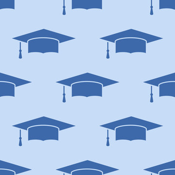 Seamless pattern with graduation cap on blue background. Vector texture.
