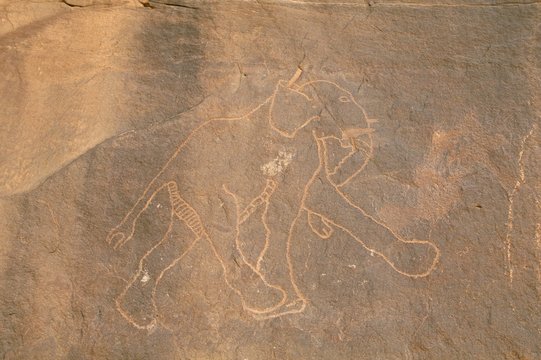 Elephant, primitive rock carving, Akakus, Sahara desert, Fezzan, Libya