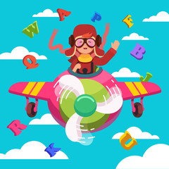 Happy smiling kid flying plane like a real pilot