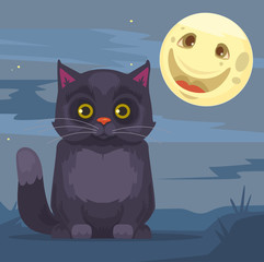 Black cat and moon characters. Vector flat cartoon illustration
