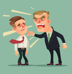 Boss character screams on worker. Vector flat cartoon illustration