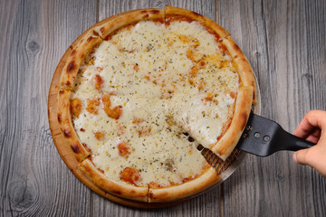 Cutted cheese pizza on wooden table. Top point of view.