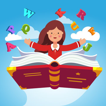 Girl student flying on a magical primer ABC book