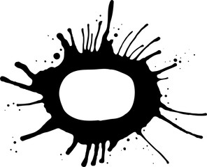 Vector circle frame of ink with paint drips in different directions. Drops swollen using air flow. Grungy dirty style with small splashes of paint in chaotic manner. Space for text in the middle.