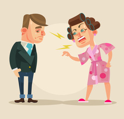 Angry wife character yelling at husband. Vector flat cartoon illustration