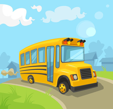 Yellow school bus. Vector flat cartoon illustration