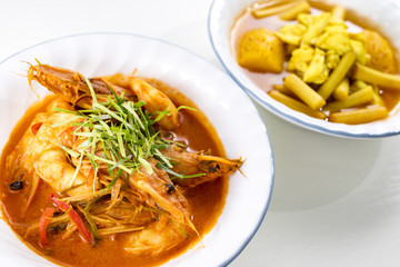 shrimp or prawn massaman curry and Yellow Curry with crab, Thai food.