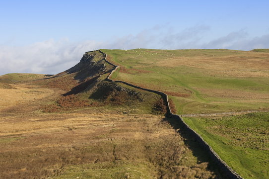 East to the Trig Point on Sewingshields Crags, Hadrians Wall, National Heritage Site, Northumbria