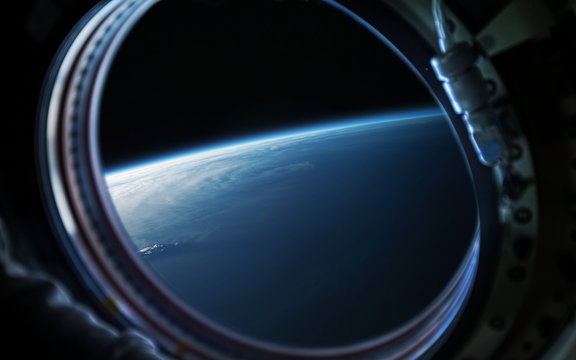 Earth Planet In Space Ship Window Porthole. Elements Of This Image Furnished By NASA