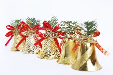 Christmas golden bell design collection on white background, selective focus