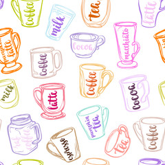 Decorative vector similar pattern with illustration of cups, mugs and glasses and handwritten brush lettering.